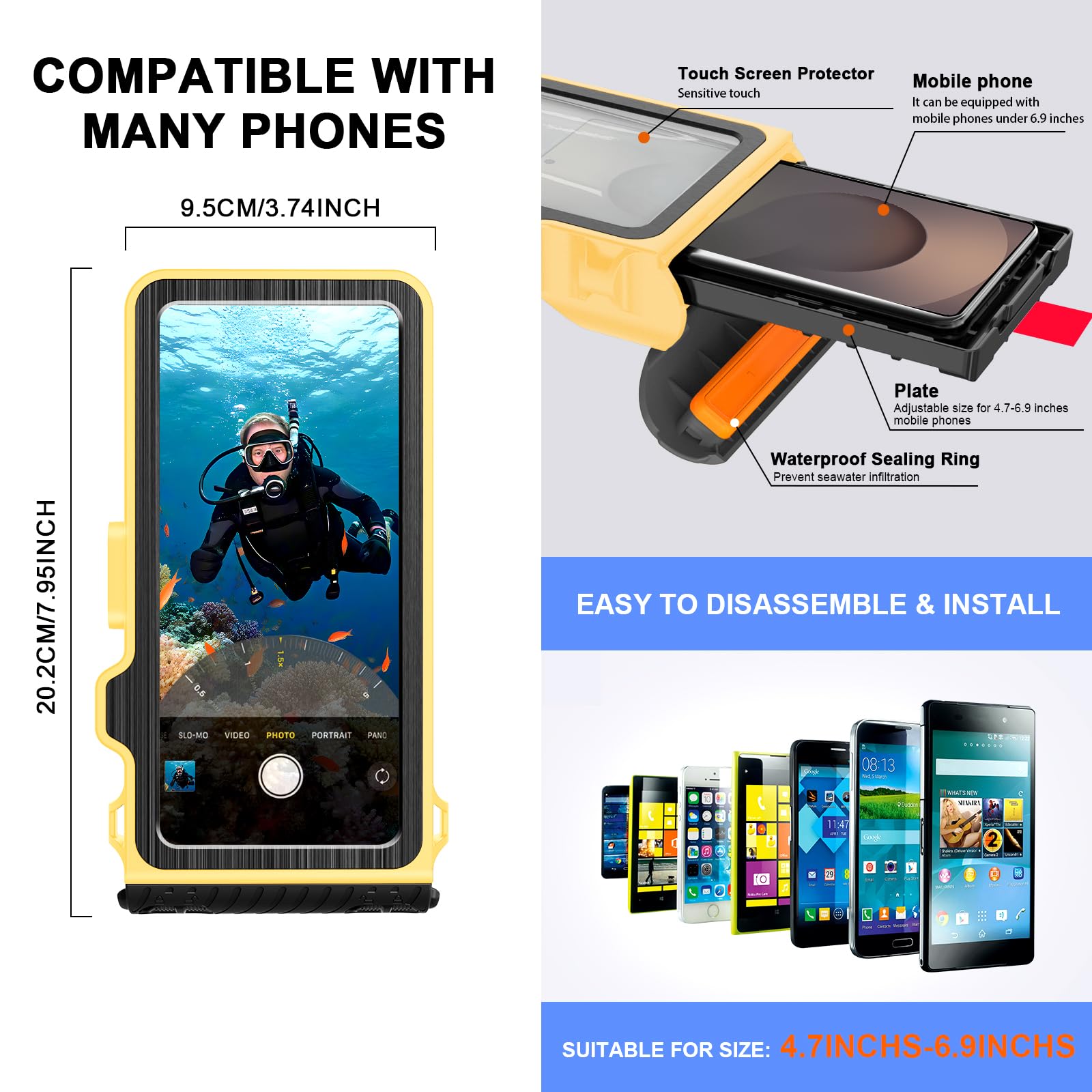 Funda de buceo para iPhone 17/16/15/14/13/12/11 Pro Max/XS/X Samsung Galaxy S26/S25/S24, funda impermeable para fotografía y vídeo subacuático (4ª, amarillo)