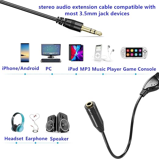 Cable de extensión de audio estéreo 3.5mm macho a hembra con control de volumen miniatura 5