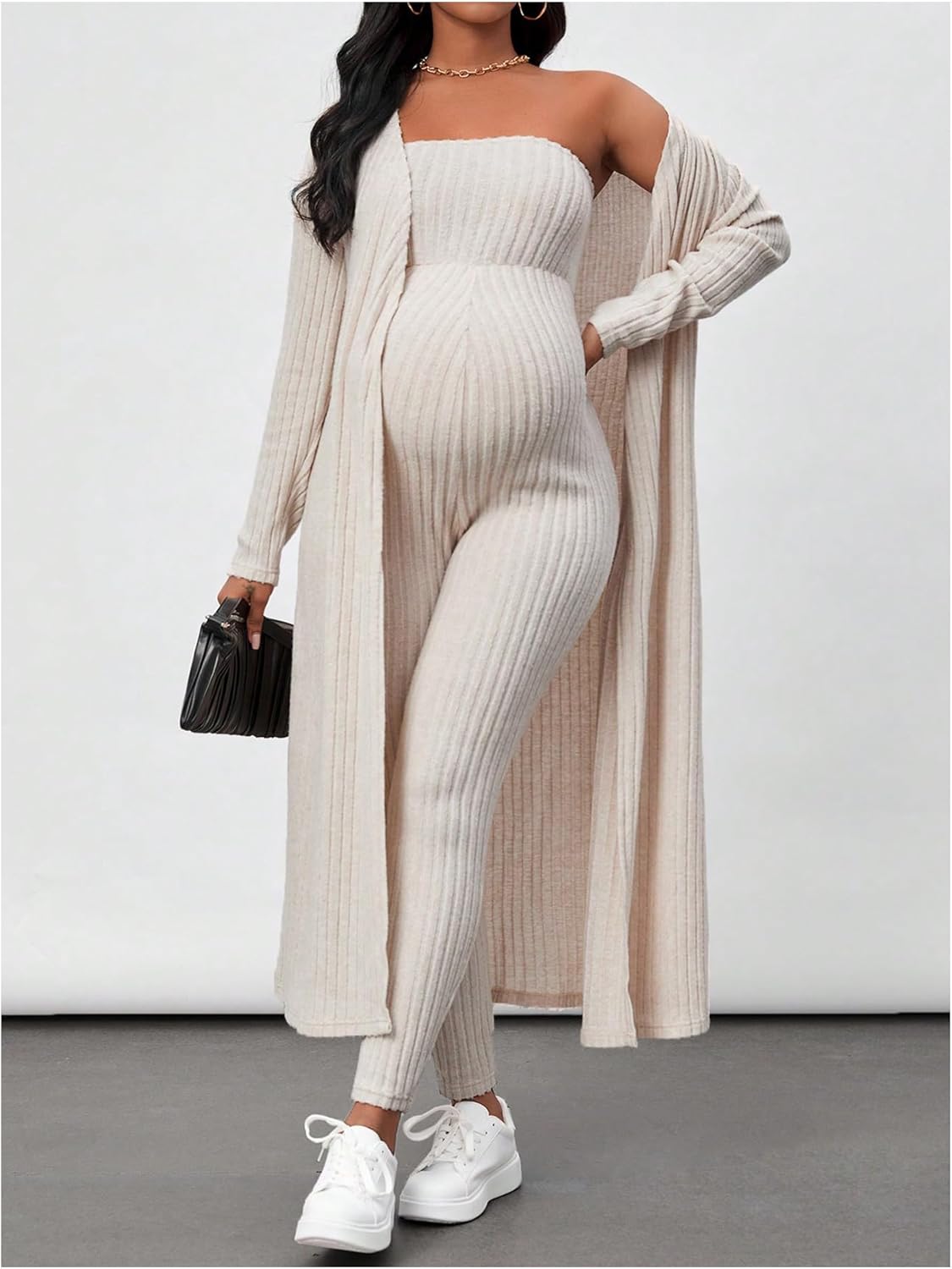 Women's Maternity Ribbed 2 Piece Outfit Strapless Skinny Leg Jumpsuit and Long Sleeve Cardigan Set - Image 6