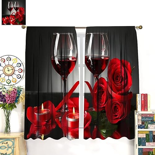 Miniatura 3 de Love Rose Wine Decor - Cortina de ventana, diseño de rosas rojas, copa de vino y vela para pareja de San Valentín, decoración decorativa de cocina,