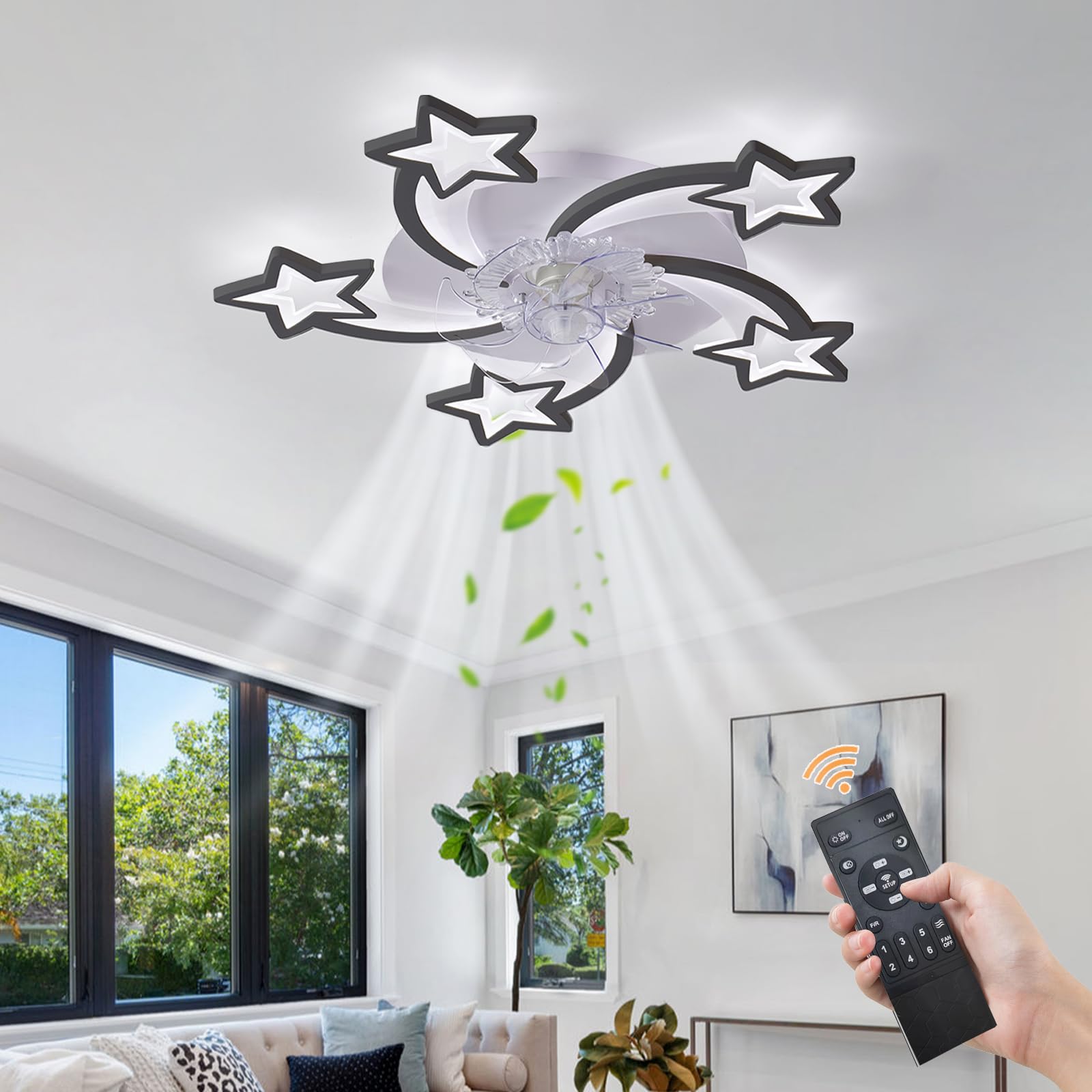 Ventilador Techo con Luz y Mando a Distancia 6 Velocidades, Silencioso Luz Ventilador Techo con Estrella, Regulable, Reversible, Memoria de Luz con Timer, Lampara Ventilador Techo Dormitorio-Black