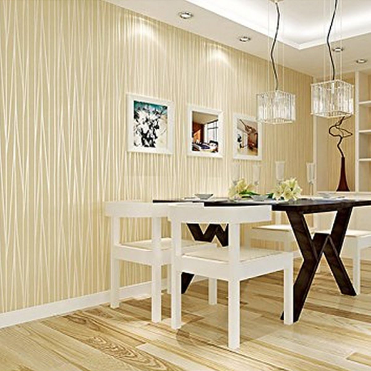 Diy ３d立体 壁紙 シール 簡単 貼付シール壁紙 おしゃれ ストライプ柄 不織布 はがせる壁紙 月光の森 ベッドルーム リビングルームの背景 53cmx10m ベージュ 壁紙 Amazon