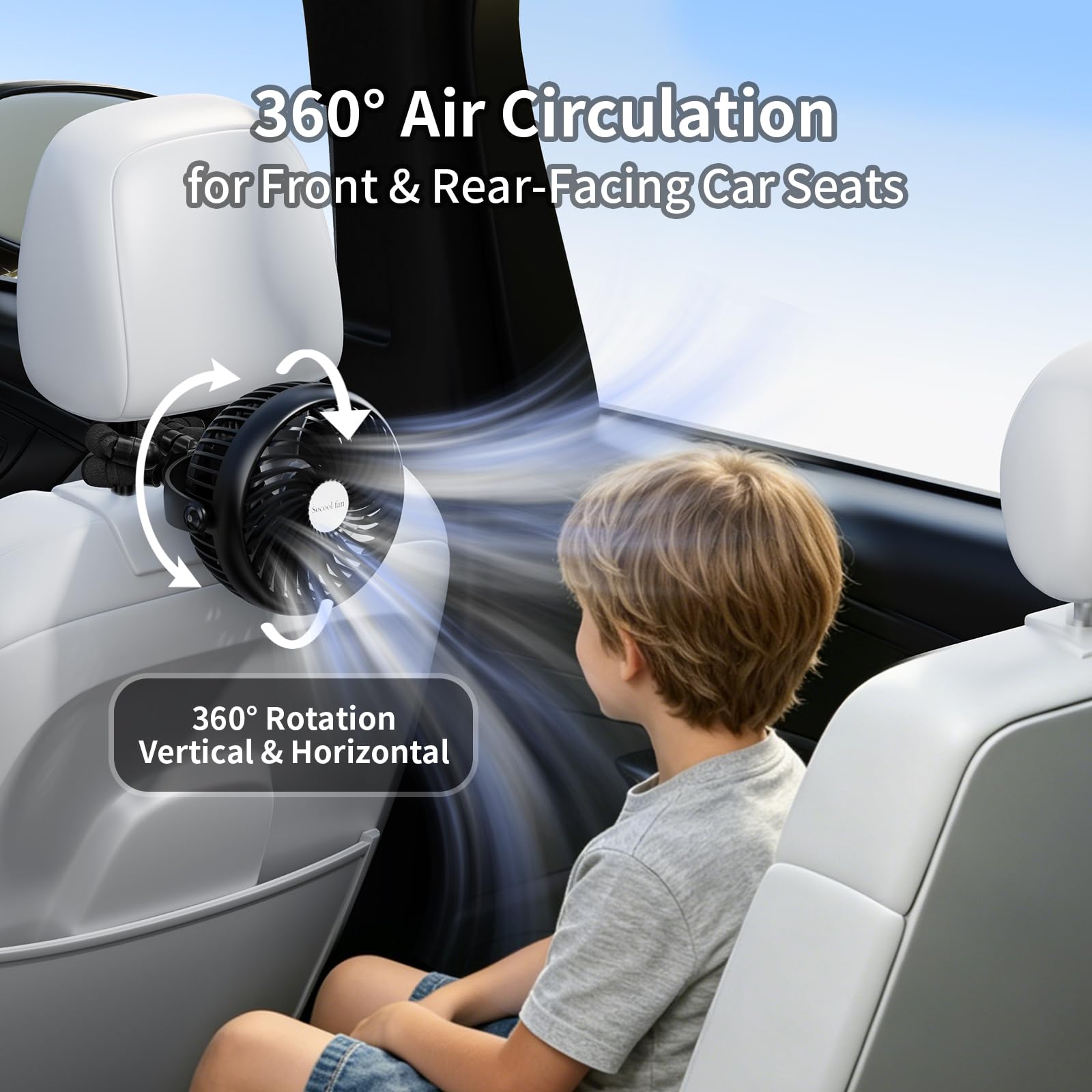 Socool - Ventilador portátil de coche de 5000 mAh, funciona con pilas, 3 velocidades, ventilador de clip para asiento de coche para bebés y niños, mini ventilador de cochecito, rotación de 360° para