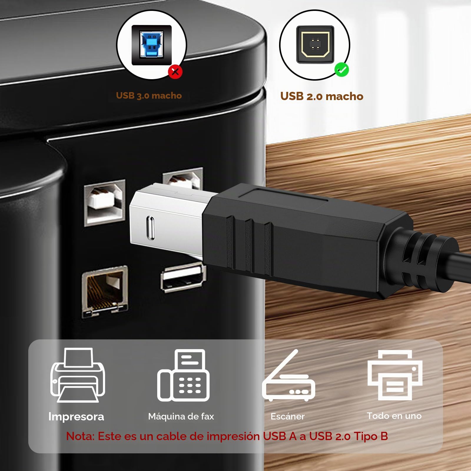 Vancle Cable USB 2.0 Impresora, Cable USB-A Macho a USB-B Macho con Conectores Dorados, para Samsung, HP, Canon, Brother, Escáner, Dell, Ricoh, Xerox, etc (1.5M)