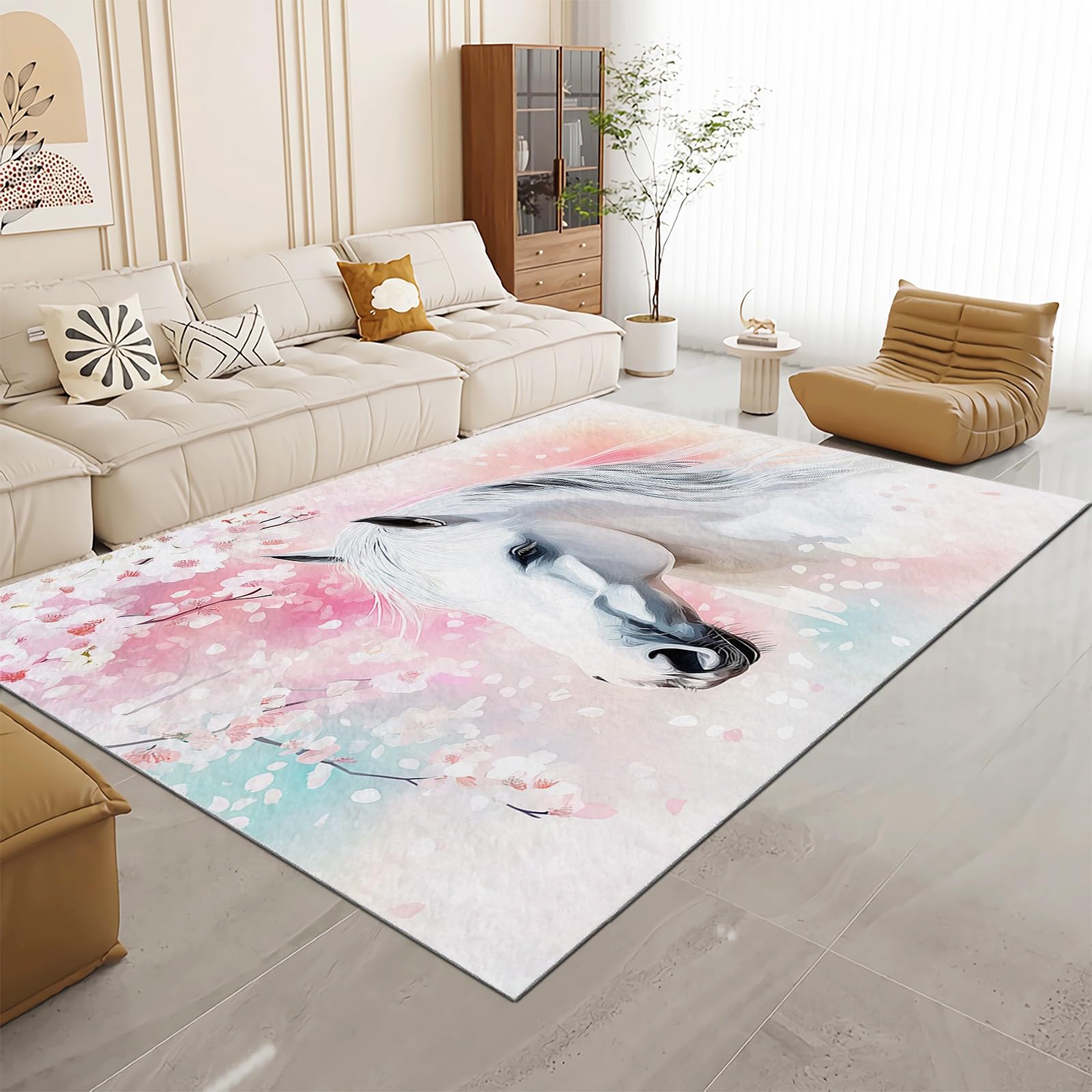 Kurzflor Rechteck Teppich Wohnzimmer 120x180cm Tiere Weißes Pferd Kirschblüten Waschbarer Teppich für Mädchen Junge Schlafzimmer Hellrosa Kinderzimmer Flauschig rutschfest