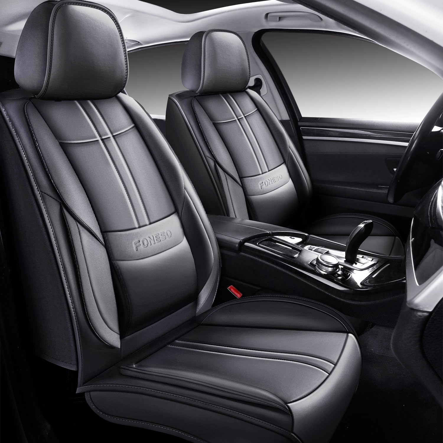 Foneso Seat Covers, Car Seat Covers Front Seats Back Seat Cover, Leather Seat Covers Seat Protector Fit (Black, Universal-M704)