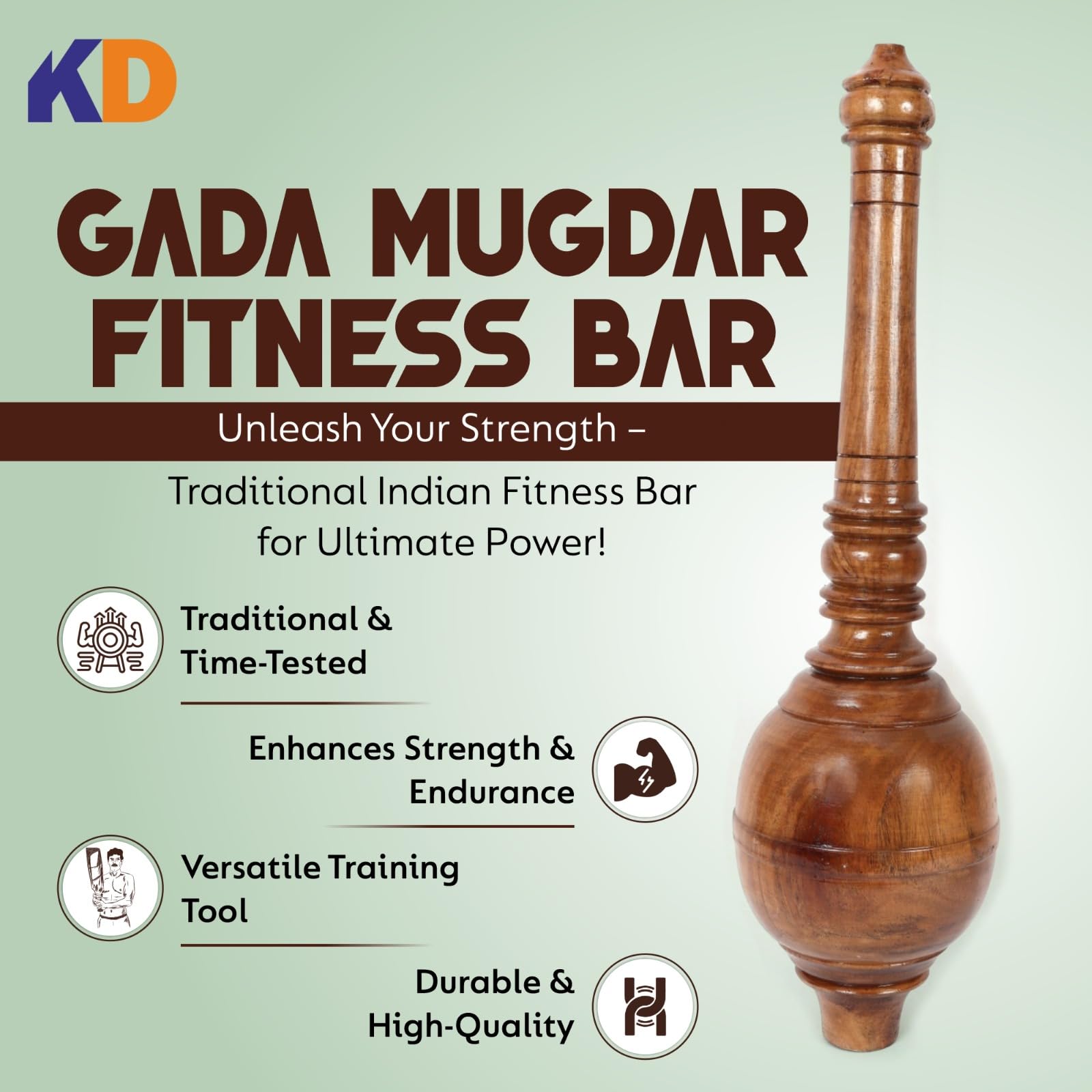 KD Willmax Gada Fitness Bar Indian Club Hanuman - Attrezzatura da spalla in legno resistente (da 4 a 5 kg)