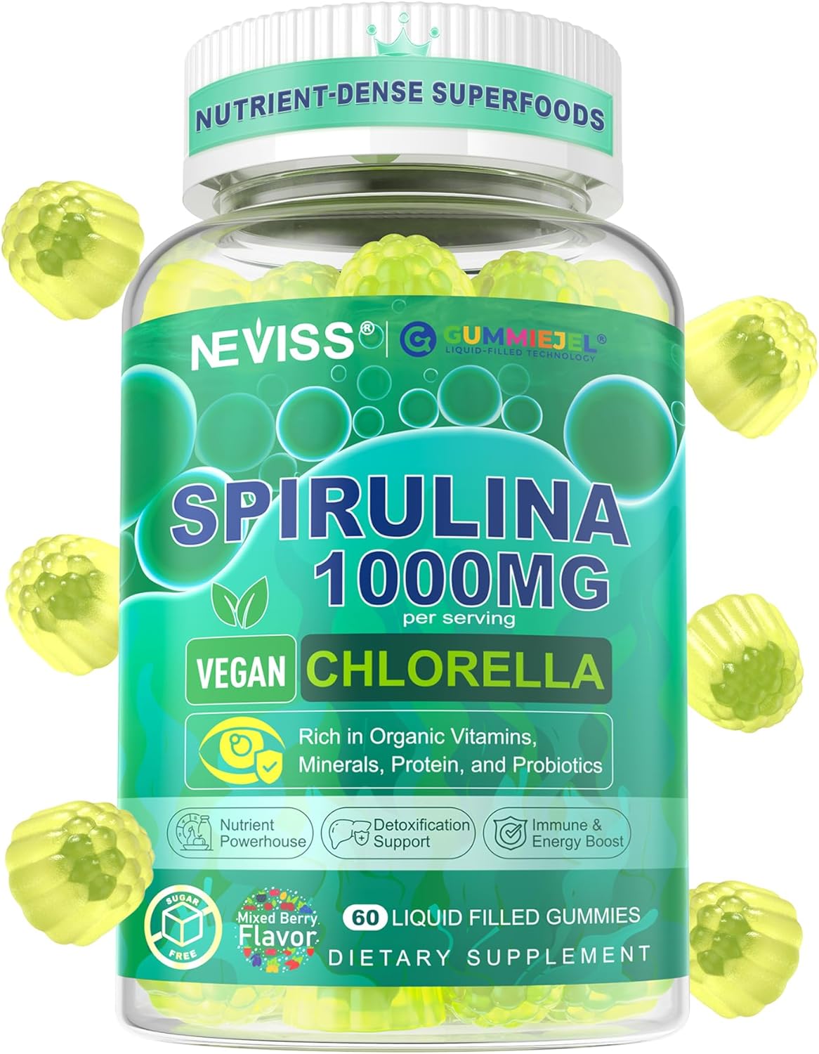 Organic Spirulina & Chlorella Gummies - Probiotic & Super Greens Supplement Superfood, Rich in Antioxidants, Chlorophyll, Protein, Essential Amino Acids for Cellular, Energy, Immunity & Eye, 60 Cts