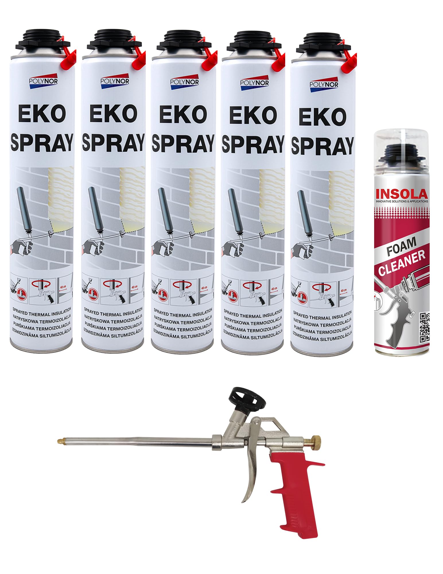 Mousse Expansive Polyuréthane Projetable Eko Spray- 750 ml + Nettoyant + Pistolet - Isolation Thermique et Phonique Performante pour Tous Supports (Lot 5 + 1 + 1)