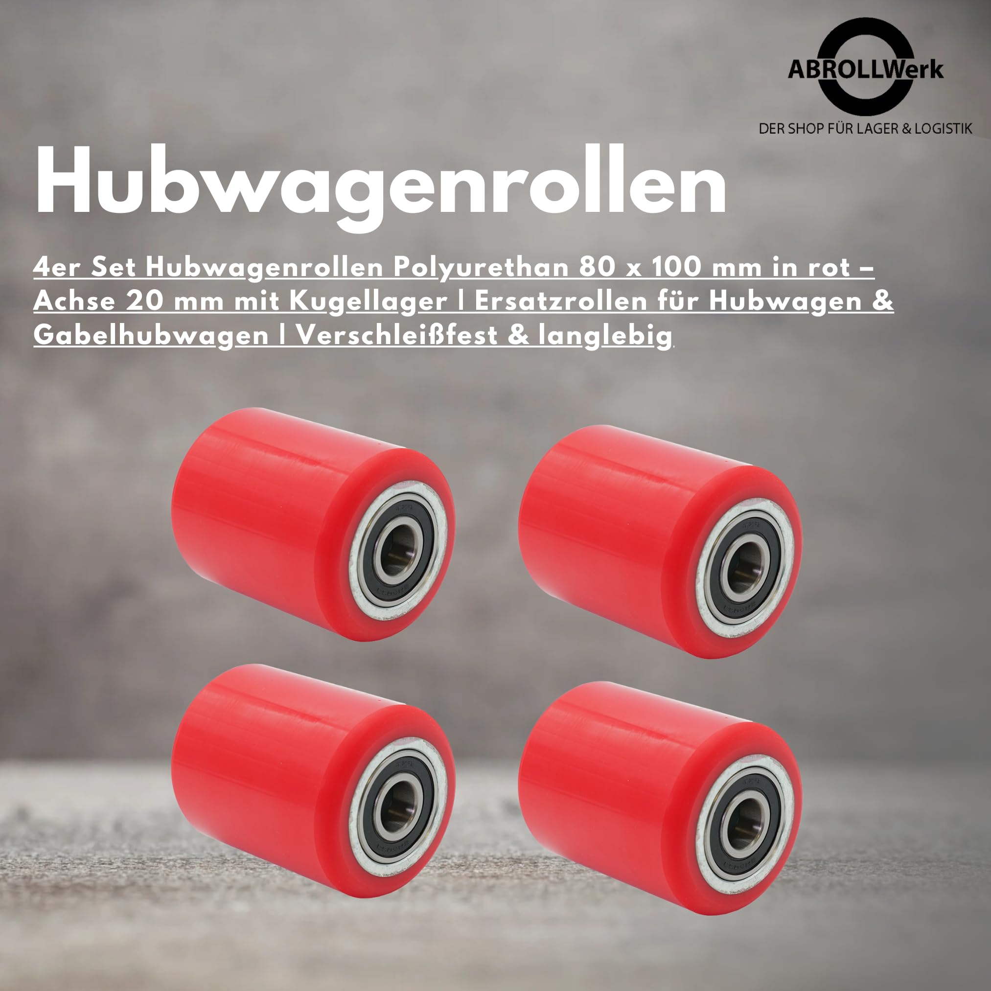 4 Stück Hubwagenrollen Aus Polyurethan – 80x100 Mm, Achse 20 Mm, Max. 700 Kg Belastung