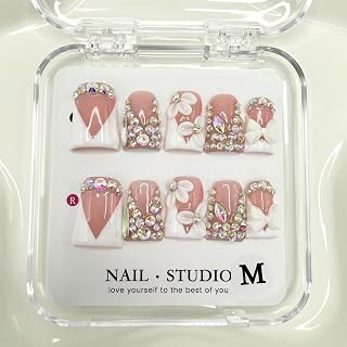Handmade Press on Nails Rhinestones Press on Nails Short Duck Shaped Fake Nail White French Acrylic Nails Full Cover Reusable Flower False Nail for Women Girls Nail Accessories (Size M)