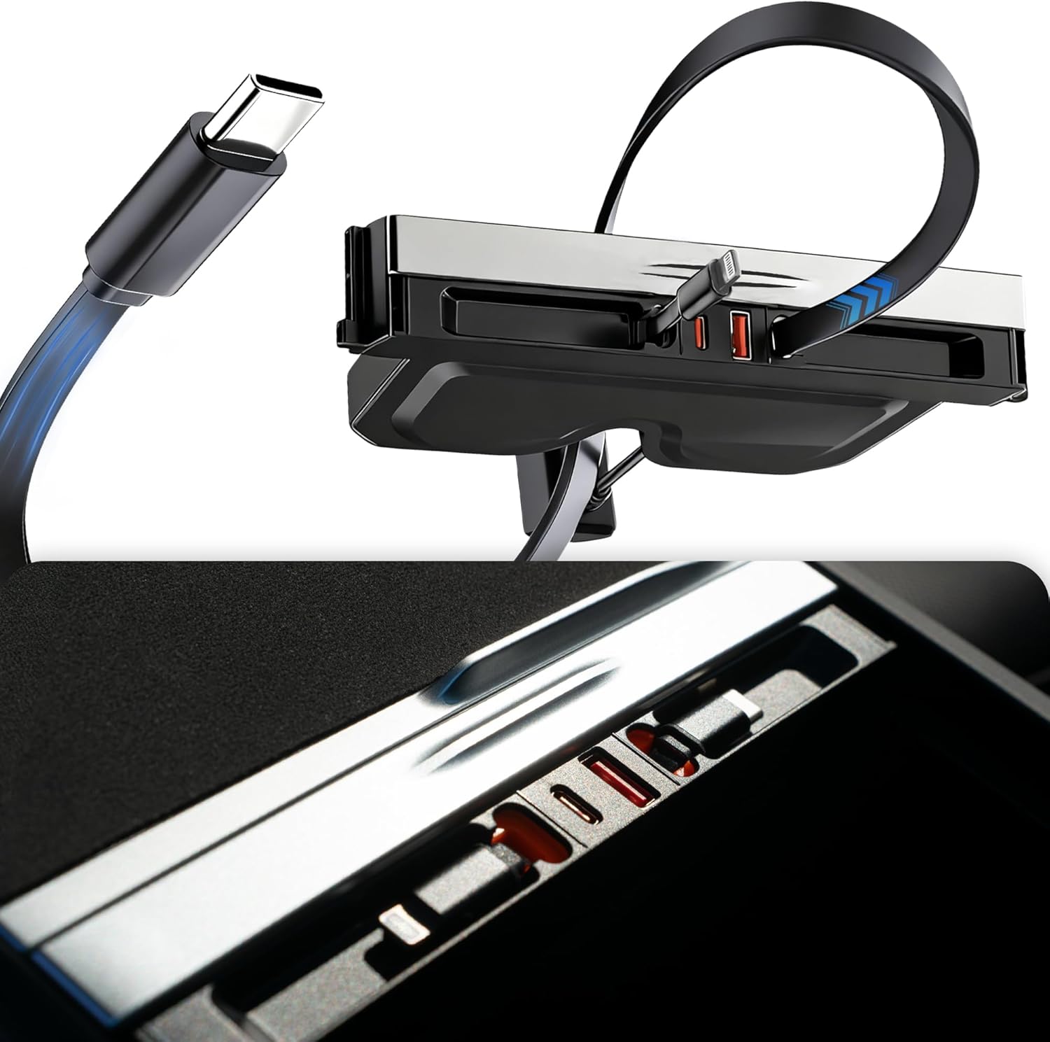 Polwlamks 65W Fast Charging USB Hub for Tesla 2025-2026 Model Y Juniper 2024-2025 Model 3 Highland, 4-in-1 Multi Ports & Retractable Cable, Model Y L Center Console Hidden Charger Hub fits Model 3/Y