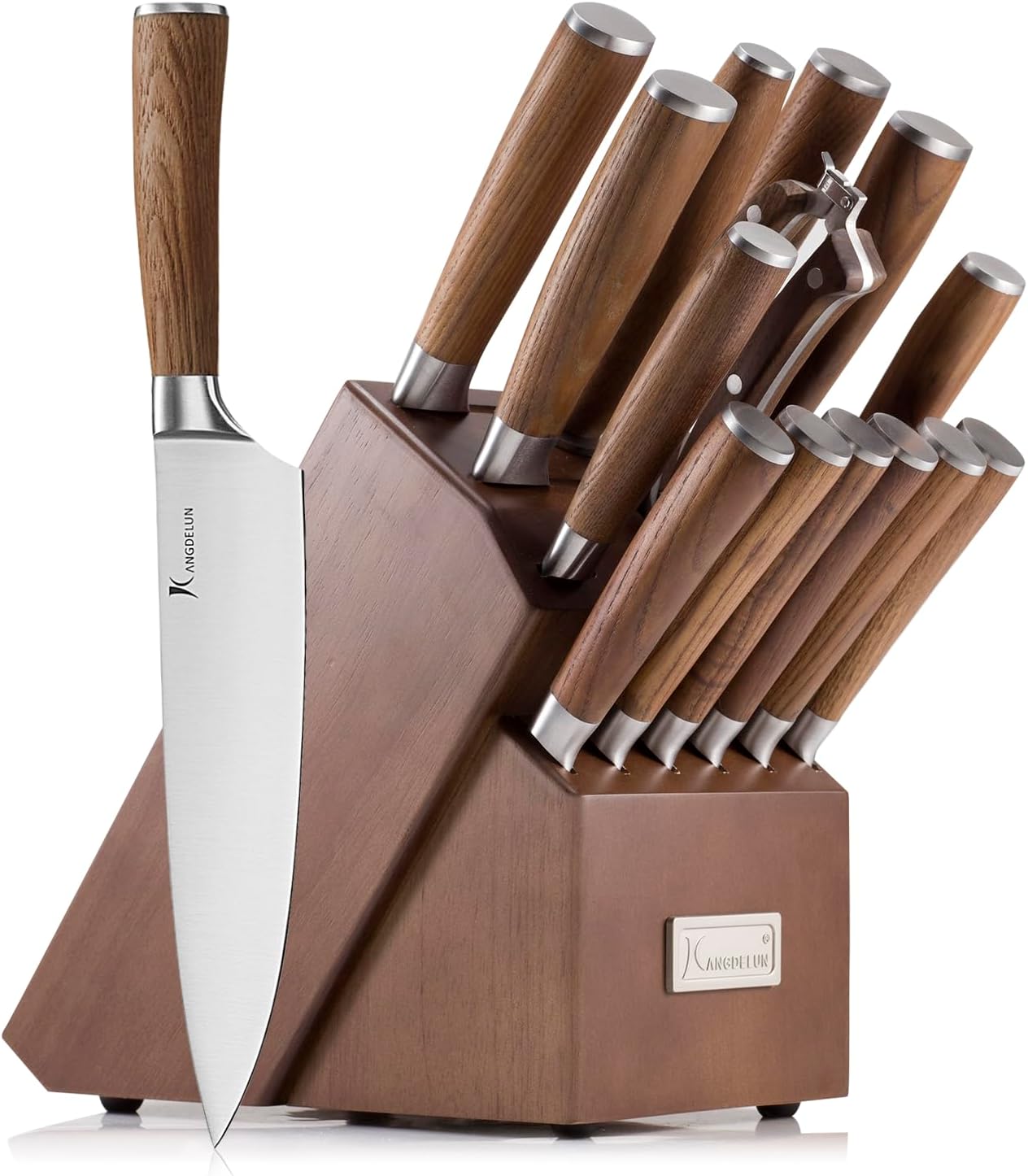 Ultra Sharp 15-Piece Knife Set, 50Cr15MoV High-Carbon Stainless Steel, Torrefied Brown Ash Wood Handles, Angled Dark Brown Wood Block, Easy Hand Wash, Gift Box