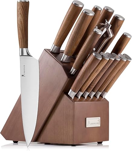 Miniatura 10 de Natura Series - Juego de 15 bloques de cuchillos, acero inoxidable de alto carbono ultra afilado con mango de madera, bloque marrón dorado Café