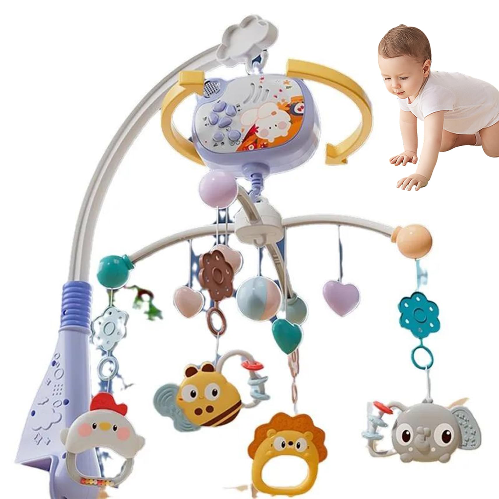 Monetais Crib Toys with Music and Lights, 360° Rotating Toys Baby Mobile with Remote Control ＆ Projection, Clip on Baby Crib Mobile with Adjustable Base