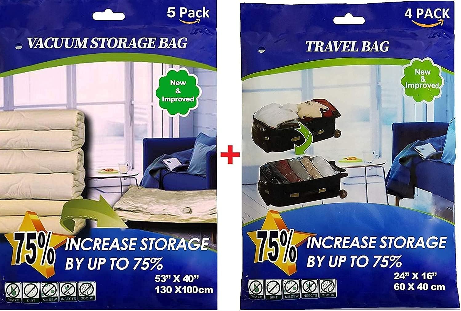 9 Pack Combo Premium Super Jumbo Vacuum Storage Space Saver Bags X5 (130X100cm) with Travel Bag X4 (60X40cm)