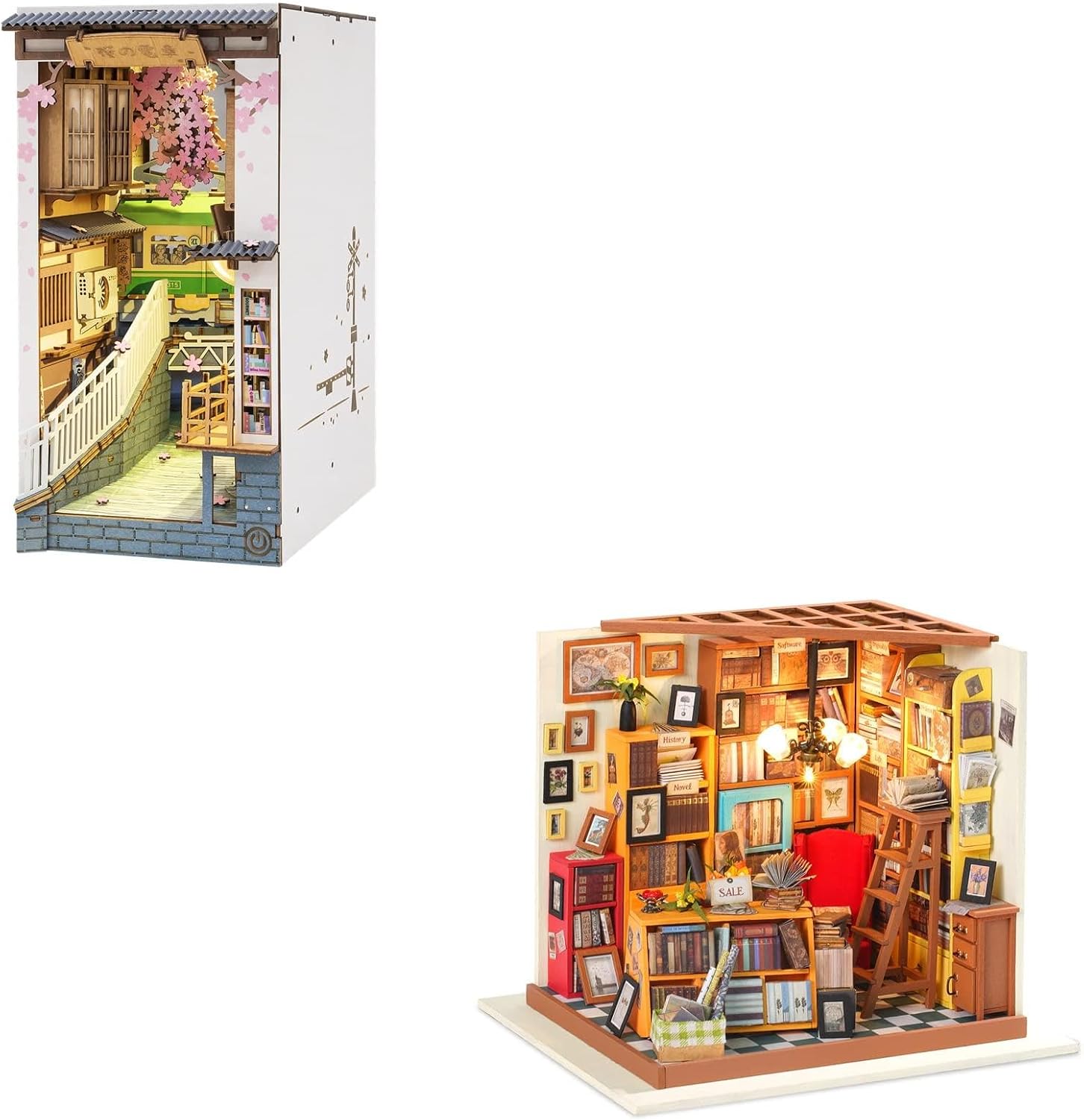 rowood Book Nook Kit Bundle DIY Miniature Dollhouse, Tiny House Kits to Build to Live in- Sakura&Sam's Study
