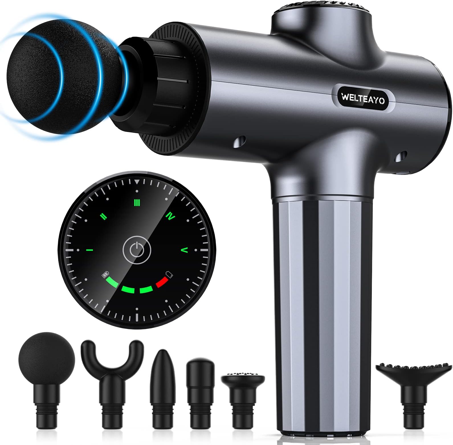 Massage Gun,WELTEAYO Muscle Massage Gun Deep Tissue,Quiet Professional Handheld Muscle Massager,with Type-C Charging,Portable Fascial Gun with 6 Massage Heads for Muscle Pain Relief, Silver Grey