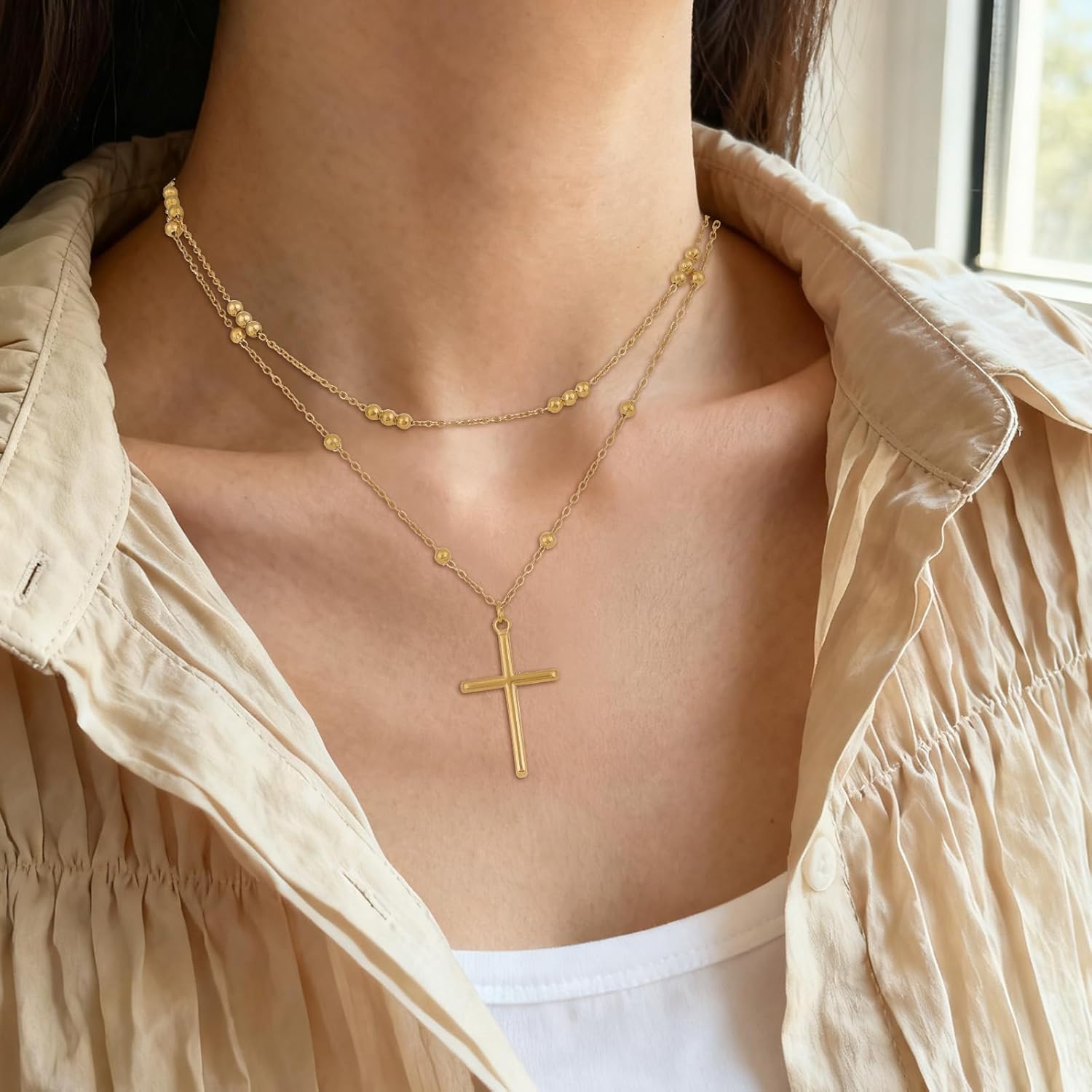 2pcs Gold Cross Necklace for Women, Adjustable Trendy Double Chain Cross Necklace with Extended Chain for Women Jewelry Accessories - Image 6