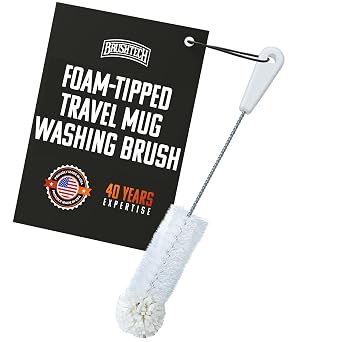 Brushtech Foam Tip Travel Mug Washing Brush Scratch-Free Foam Head Cleaner with Bristle Body for Insulated Mugs, Tumblers & Bottles, Durable Plastic Handle Drinkware Cleaning Tool