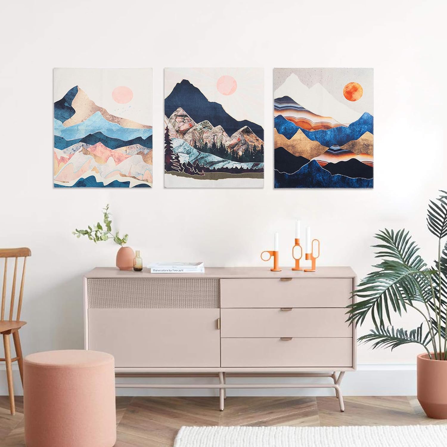 AWAYTR 3 Pcs Small Mountain Tapestry Wall Hanging - Landscape Forest Moon Wall Tapestry for Bedroom Living Room(Sunset and Mountain,16x20in)
