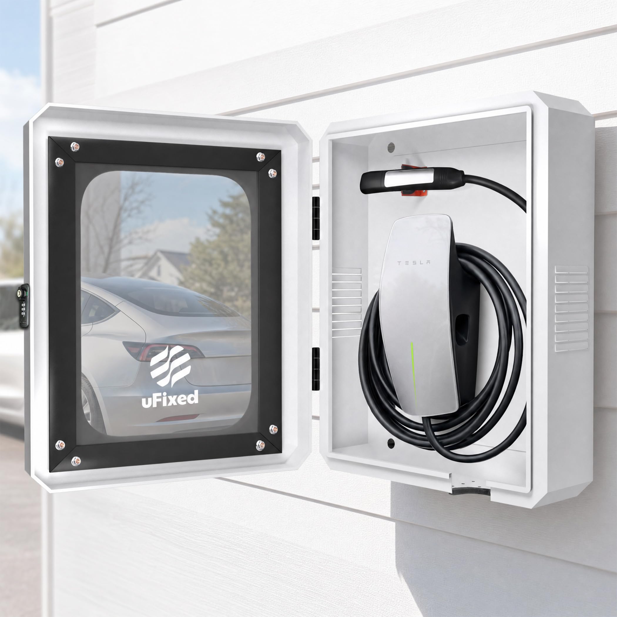 Weißer EV-Ladestation Schutzkasten – Wetterfest, Mit Schloss & Sichtfenster, Kompatibel mit Tesla Wall Connector & Wallbox Pulsar Plus, Einfache Montage