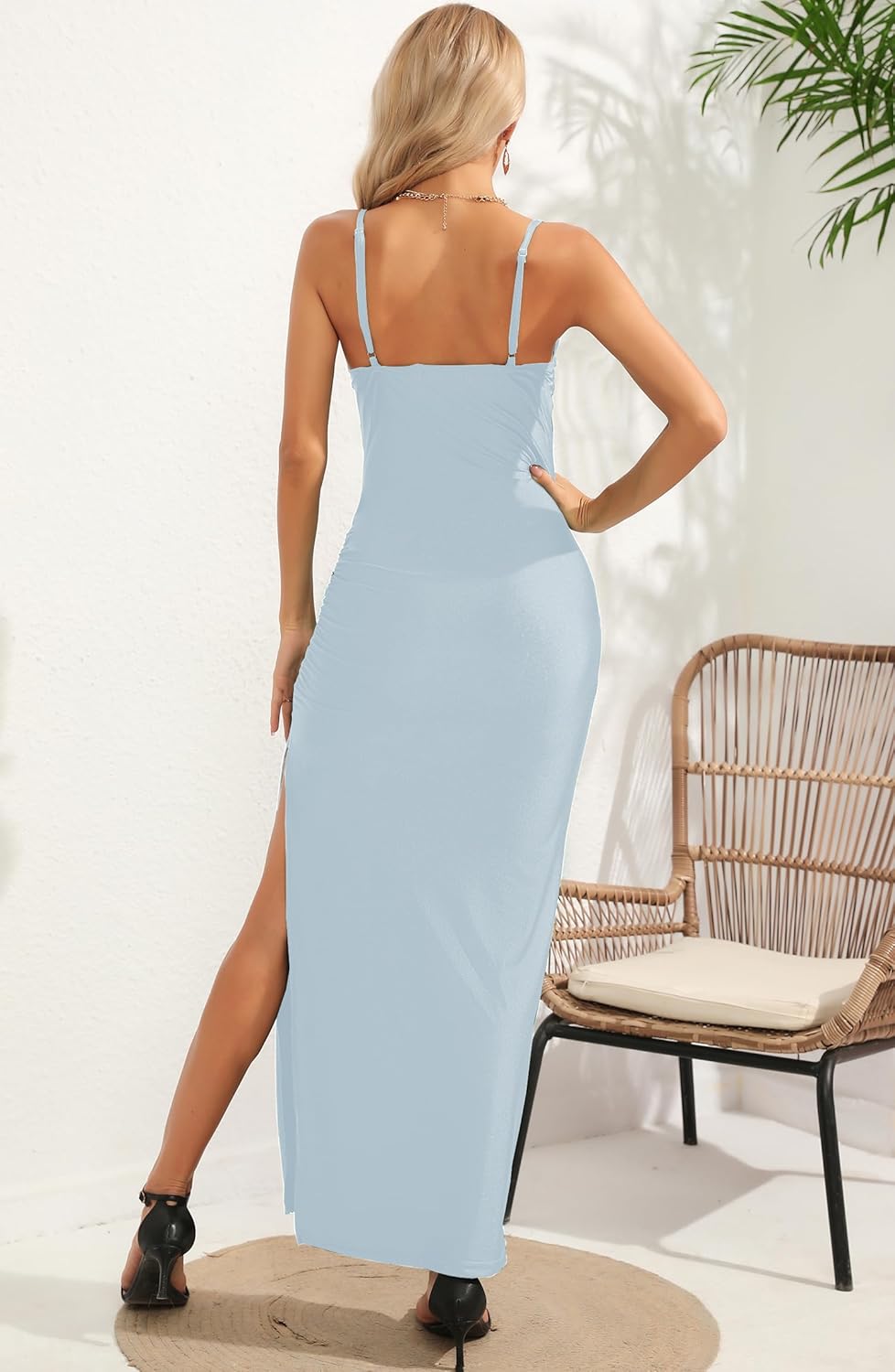 Aigeman Women Spaghetti Straps Cowl Neck Maxi Dress Bodycon Formal Dresses Ruched High Slit Cocktail Party Dress 60 - Image 6