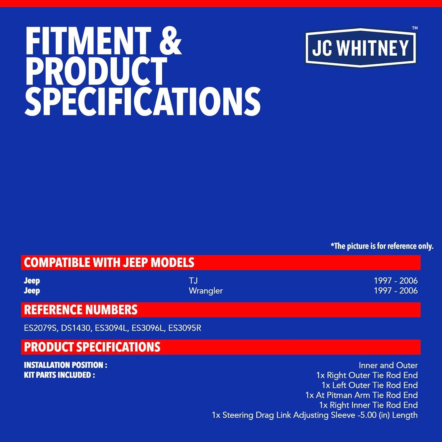 JC Whitney JFBAJCWCA00587 Set of 5 Tie Rod End and Adjusting Sleeve (Inner & Outer) - Compatible with Jeep Wrangler 1997-2006, TJ 1997-2006 - Four-Wheel Drive (4WD)