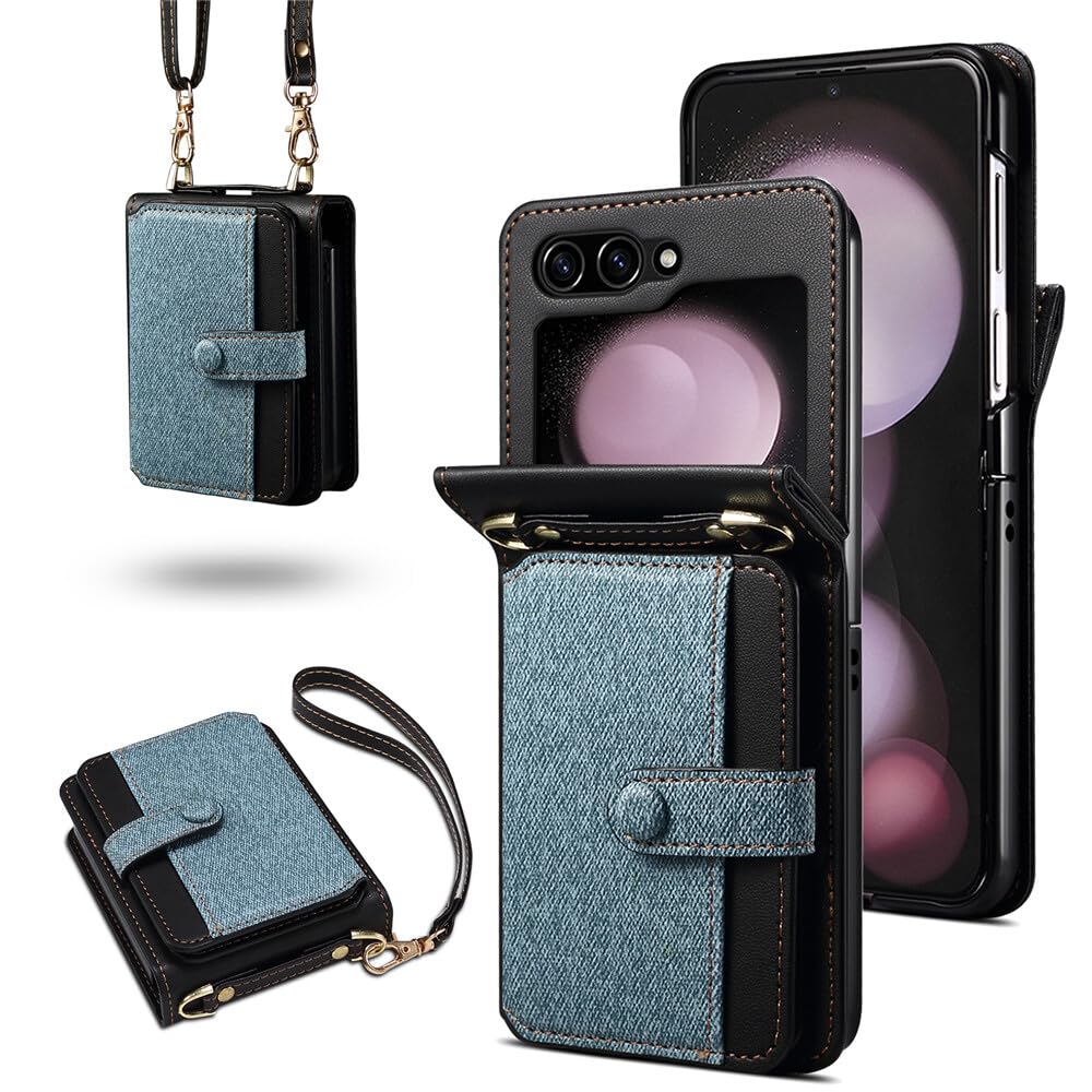 Étui Galaxy Z Flip 3 bleu en cuir avec portefeuille et support intégré