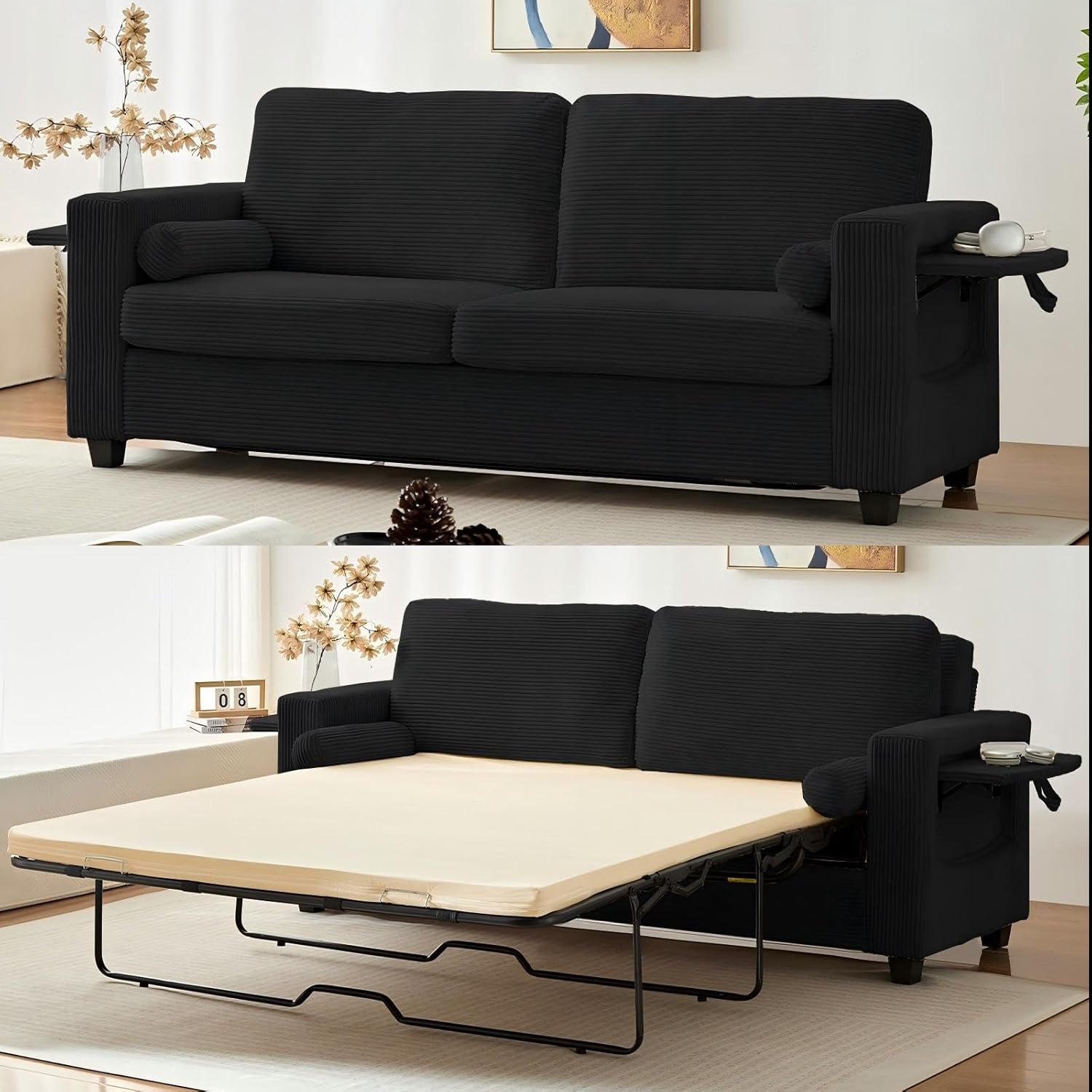Mjkone 82" Width Queen Size Pull Out Sofa Bed Sleeper Couch with Pull Out Beds, 2-in-1 Convertible Corduroy Loveseat Sleeper Sofa Couch Bed with Folding Mattress for Living Room Home Apartment, Black