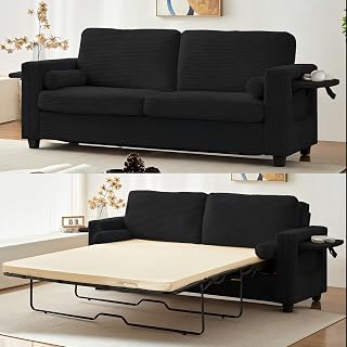 Mjkone 82" Width Queen Size Pull Out Sofa Bed Sleeper Couch with Pull Out Beds, 2-in-1 Convertible Corduroy Loveseat Sleeper Sofa Couch Bed with Folding Mattress for Living Room Home Apartment, Black