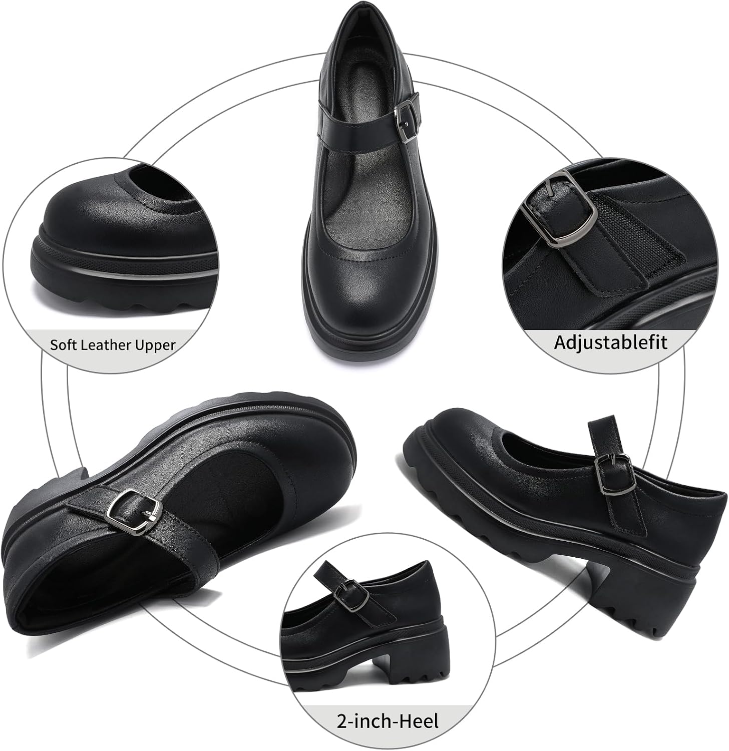 Mary Jane Shoes Women, Platform Heels Loafers,Vegan Leather Wide Width Comfortable Dress Pumps, Adjustable Strap Non-Slip Work Shoes for Casual School Daily Wear