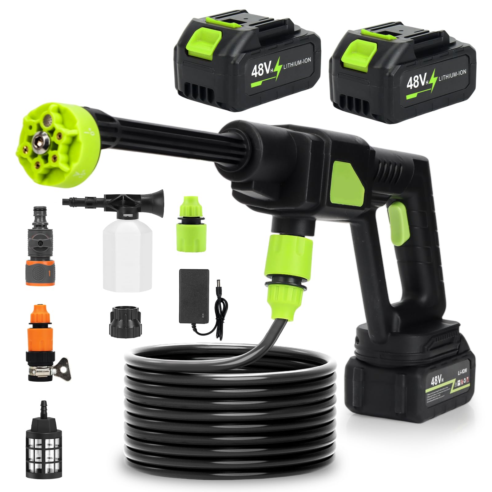Lavadora a presión inalámbrica, lavadora eléctrica portátil 6 en 1, manguera de 5 m, pistola de agua de alta presión, lavadoras eléctricas inalámbricas para limpieza de patio y coche, grifo conectable