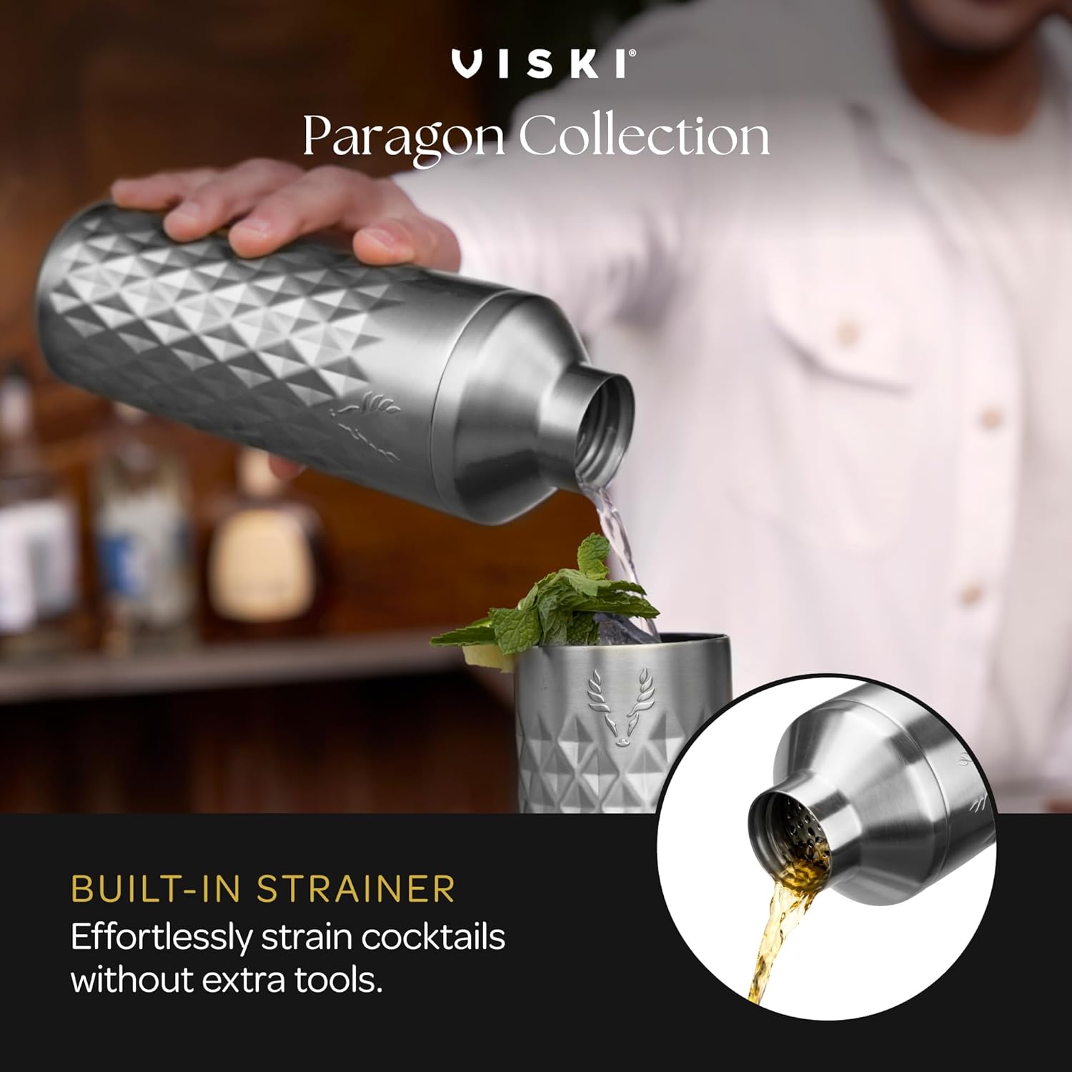 Viski Paragon Stainless Steel Cocktail Shaker, Double-Walled Drink Mixer with Built-in Strainer and Measuring Cap, Perfect for Cocktails, Martini, Mojito, Margarita, 23 oz, Set of 1, Platinum - Image 4