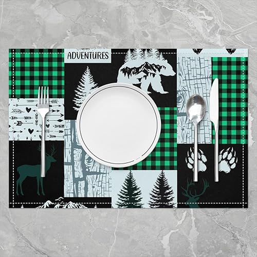 Miniatura 10 de Lodge - Juego de 4 manteles individuales de 12 x 18 pulgadas, diseño retro de rayas de madera con cuadrícula negra y roja, para niños, adolescentes,