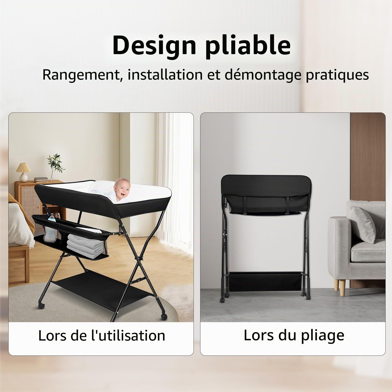 Table a Langer Pliante pour Remplacement de la couche,Table a Langer Pliante avec Ceinture de Sécurité et Panier de Rangement, jusqu'à 25 kg,86 * 62 * 96 cm-noir