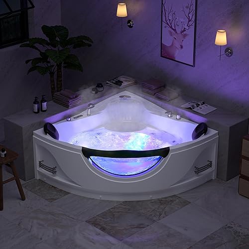 Empava 59" Corner Whirlpool Bathtub for 2-Person, Luxury Jetted Spa Tub with 10 Hydro Massage Jets, Built-In Heater, Chromatherapy LED Lights & Constant Heat System, ETL Certified Acrylic Tub