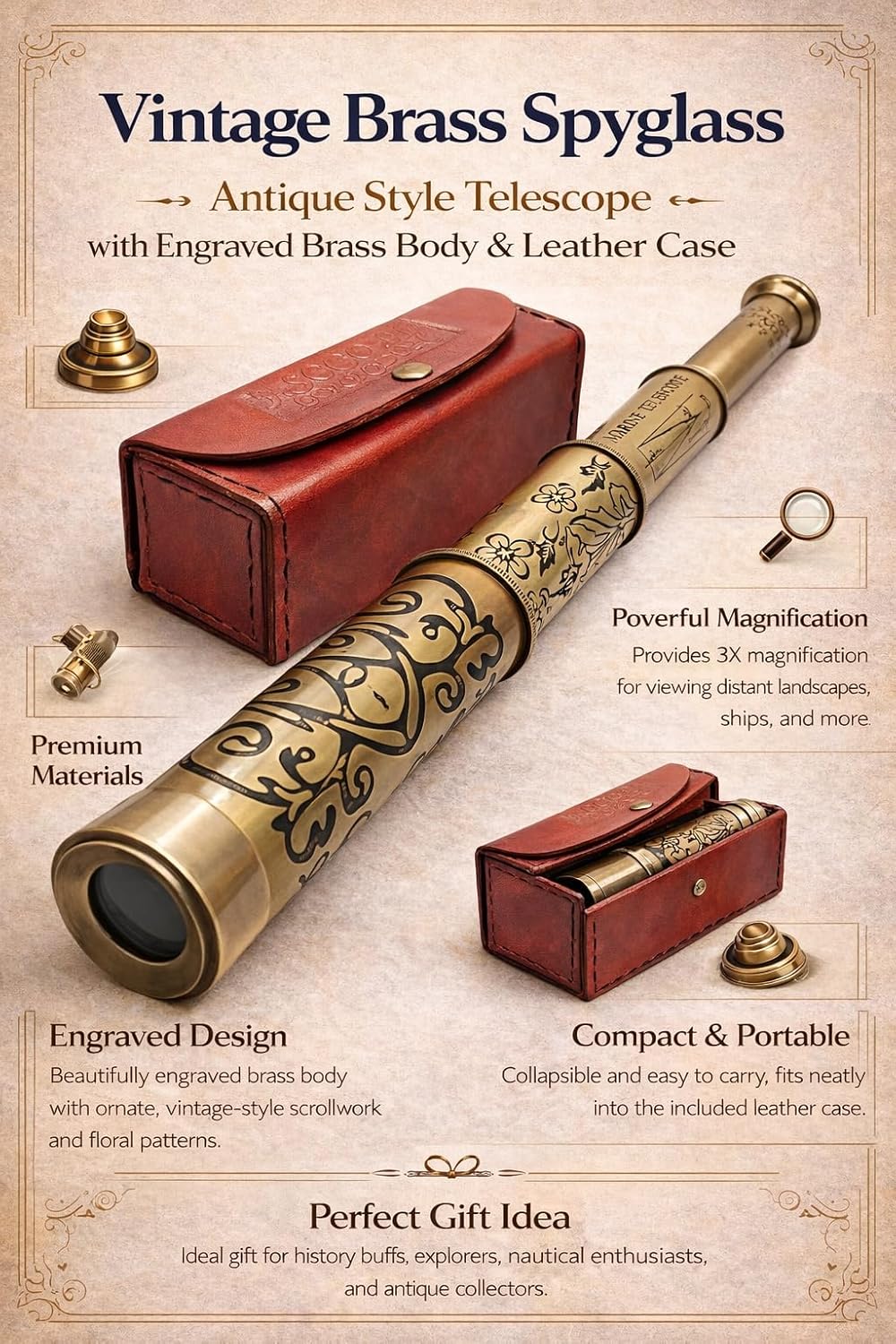 Nautical Brass Telescope Vintage Spyglass 1753 Retro Handmade with Leather Case Rustic J.S COTT London Marked Functional Spyglass Home & Table Decor