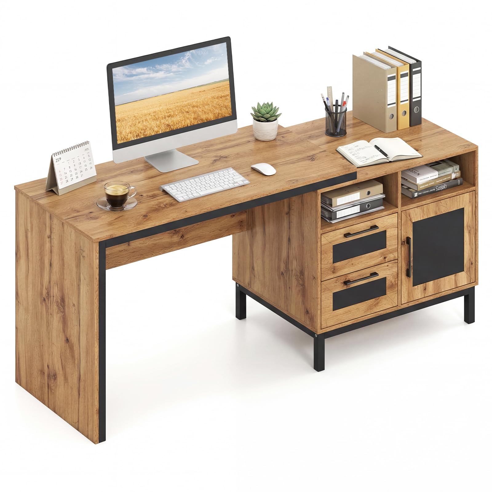 COSTWAY 180cm Large Computer Desk, Wooden Executive Desk Writing Workstation with Open Compartments, Storage Drawers & Single-Door Cabinet, Farmhouse Style PC Laptop Table Gaming Desk for Home Office
