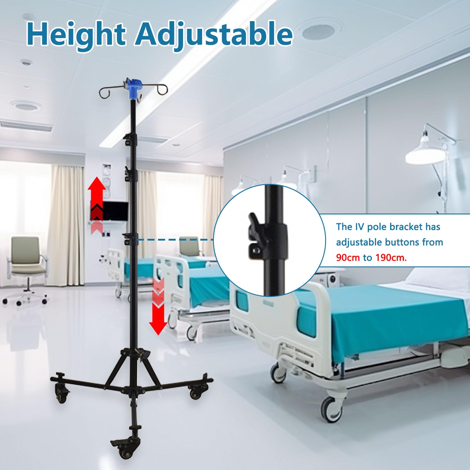 Supporto per infusione regolabile con ruote, asta pieghevole IV | Regolabile in altezza 90-190 cm, con 4 ganci, 3 tasche in rete e 1 borsa portaoggetti, supporto portatile IV per ospedale