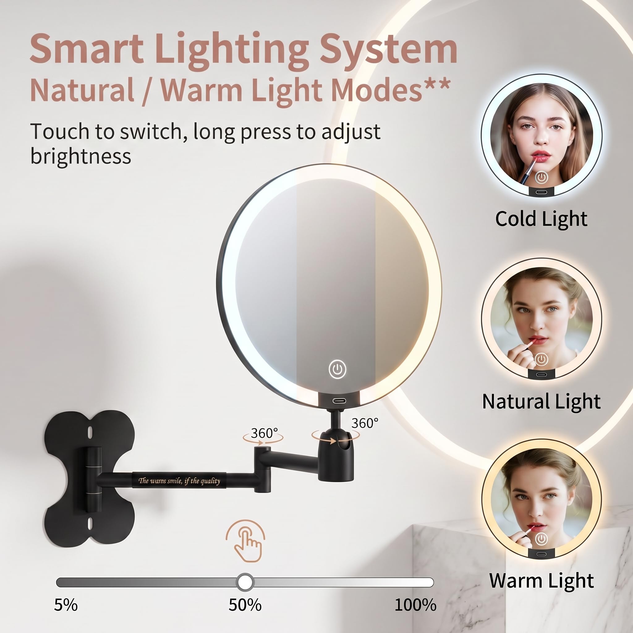 Miroir Grossissant Lumineux Double Face 1X/30X Miroir Maquillage Lumineux 15cm Dimmbar 3 Modes Eclairage Miroir Salle de Bain LED, Bras Extensible Miroir Cosmétique Rond Rechargeable Noir
