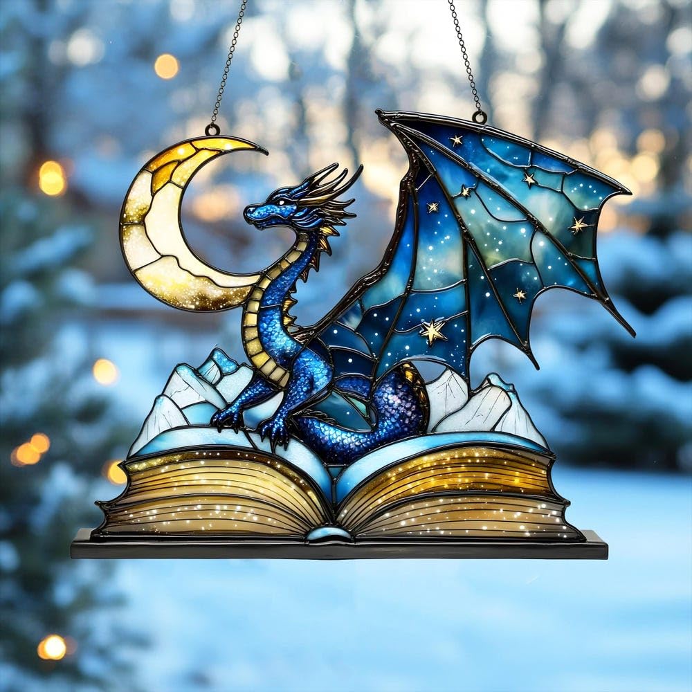 Celestial Dragon Book Acryl-Sonnenfänger – Kunst-Buntglas-Hängeornament, Outdoor-Sonnenfänger-Panel, Heimdekoration, Geschenk für Drachen-Fans