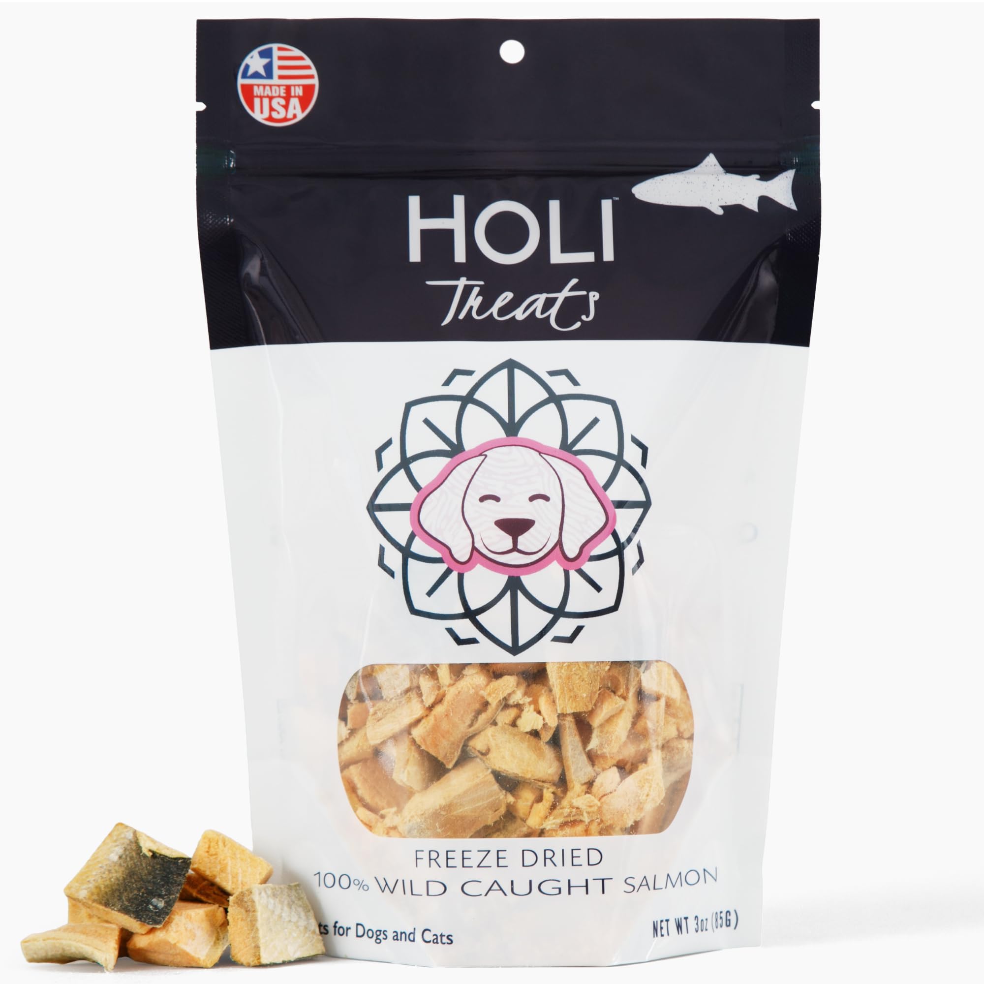 HOLI Freeze Dried Salmon Dog Treats - with Omega 3 and 6 Fish Oil - All Natural Dog Treats - Freeze Dried - Human Grade - Wild Caught Salmon - Made in USA - Grain Free - Diabetic Friendly