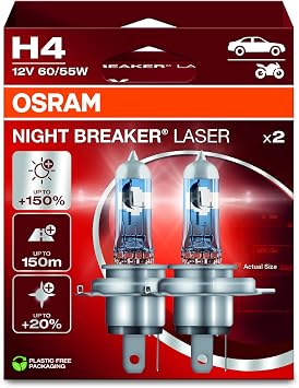 OSRAM NIGHT BREAKER LASER H4, +150% more brightness, halogen headlight lamp, 64193NL-2HB, 12V, Hanging folding box 2 lamps