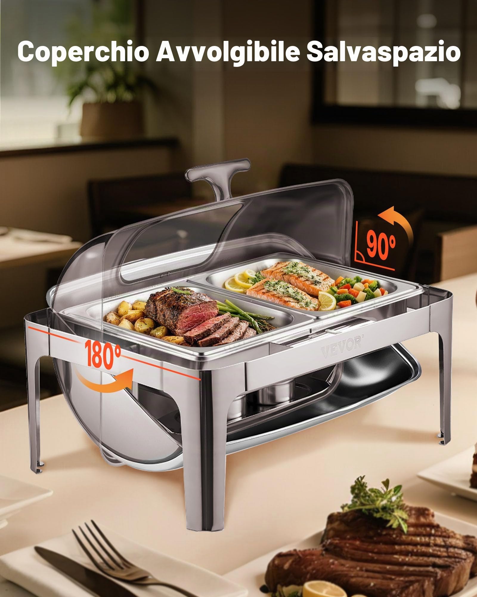 VEVOR Set di Scaldavivande 3,9 L Scaldavivande Rettangolare in Acciaio Inox, 1 Pezzo con 2 Padelle di Mezza Misura, Coperchio Visibile, Supporto Pieghevole per Padella per Acqua e Carburante, Argento