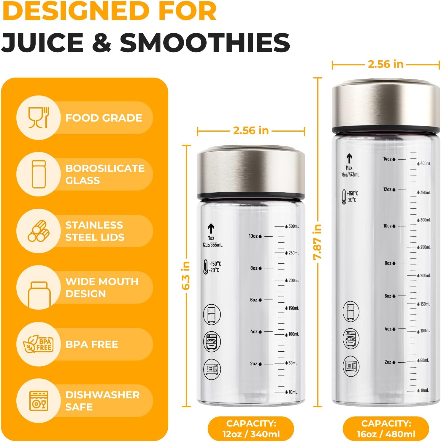 Sursip 16 oz Glass Juice Bottles – 4 Pack Wide Mouth Borosilicate Glass Bottles with Lids – Heat-Resistant, BPA Free, Leakproof & Reusable for Juicing, Smoothies, Milk, Protein, Water - Image 3