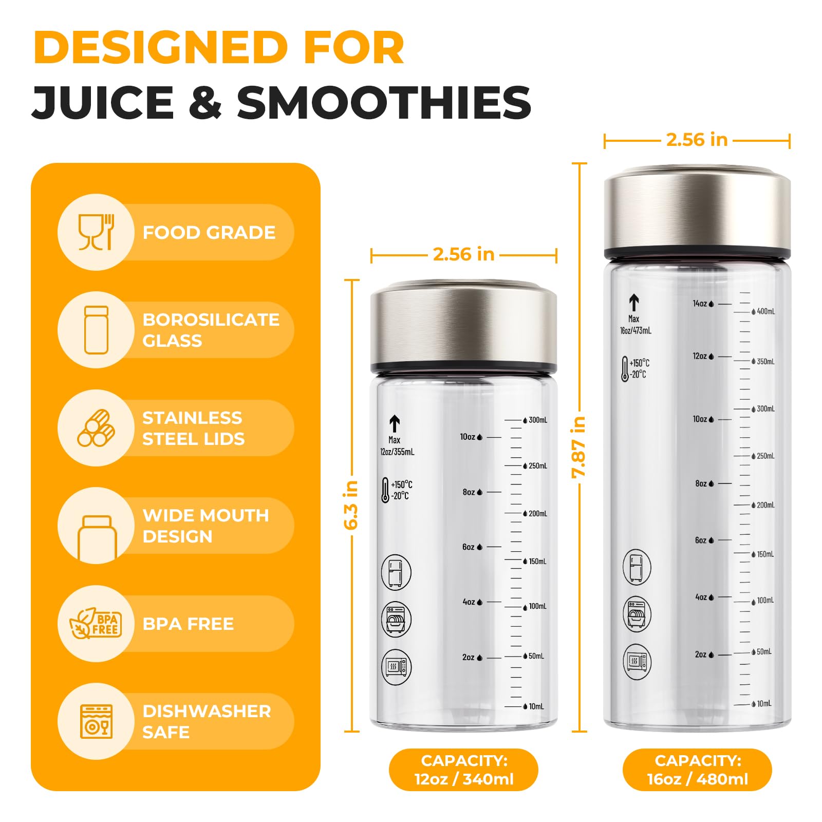 Botellas de vidrio para jugo, paquete de 6 botellas de vidrio de borosilicato de boca ancha con tapas, resistentes al calor, a prueba de fugas, sin BPA, reutilizables para jugos, licuados 3