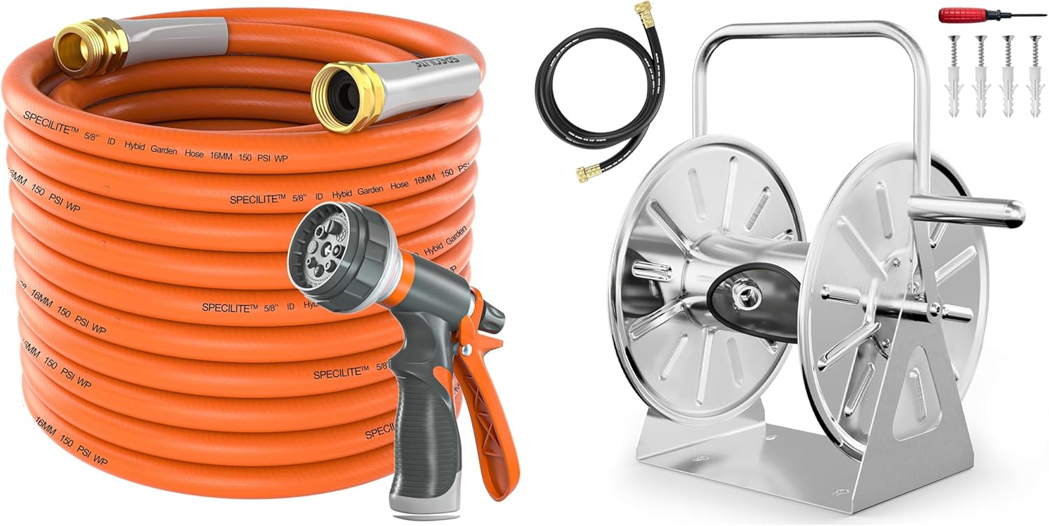 Stainless Steel Garden Hose Reel with 75 ft hose