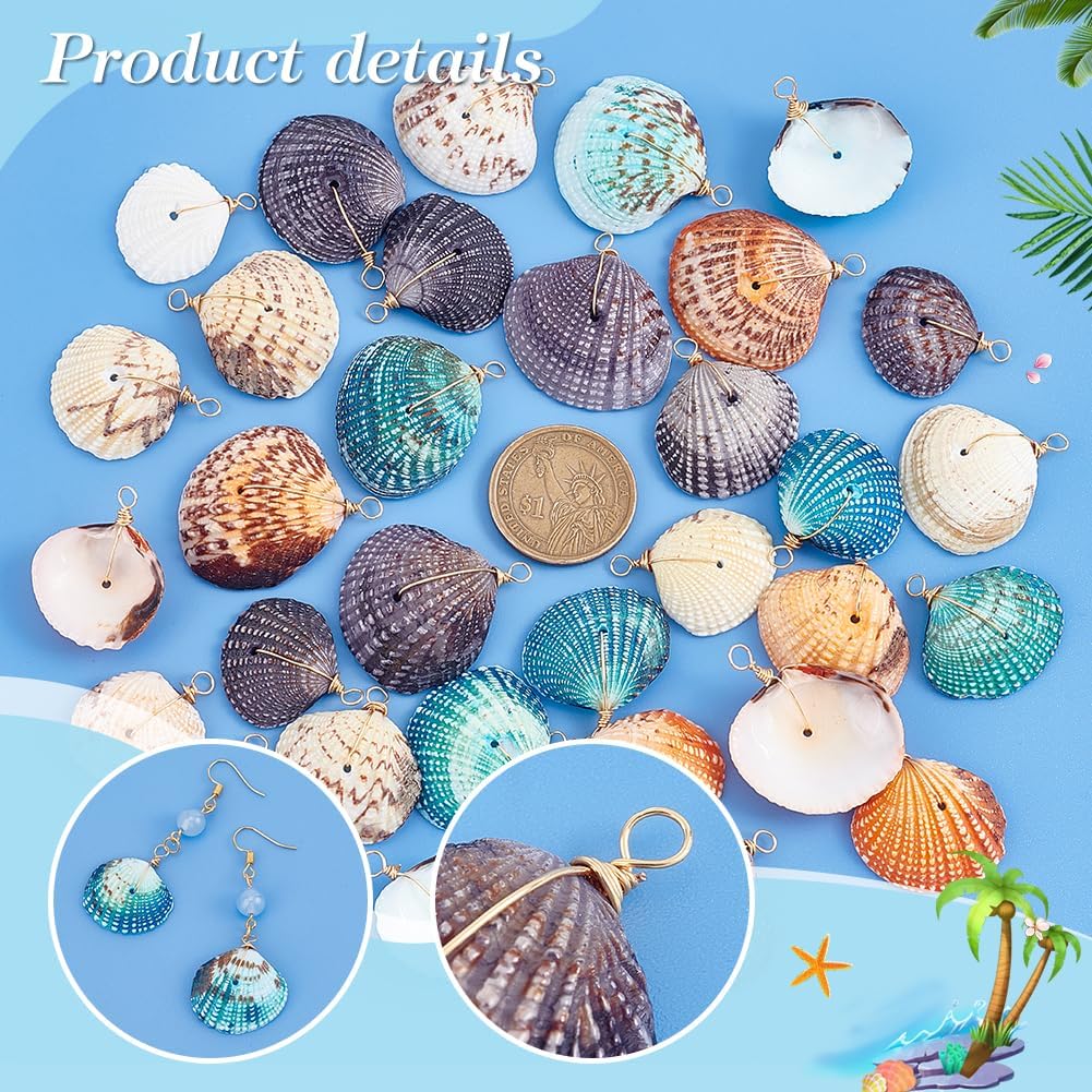 PH PandaHall 32pcs Natural Shell Pendants, 4 Colors Scallop Pendants Dyed Beach Seashells Charms Dyed Summer Sea Shell Charm Pendant Wrapped with Golden Copper Wire for Bracelets Jewelry DIY Crafts Making - Image 3