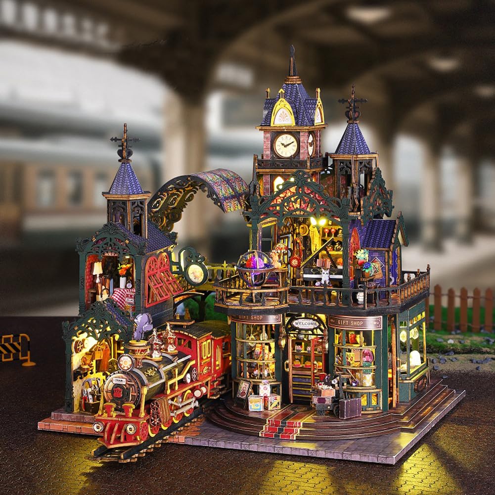 Miniaturowy zestaw do samodzielnego wykonania, drewniany domek dla lalek z osłoną przeciwpyłową LED i ruchem muzycznym, kreatywny prezent dla chłopców i dziewcząt lub przyjaciół (z osłoną